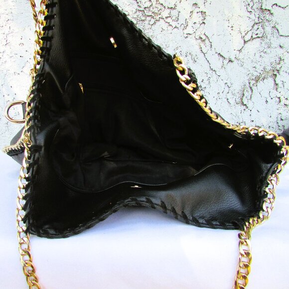 Black faux leather gold tone chain tote 15"X14"X5" - Picture 7 of 7